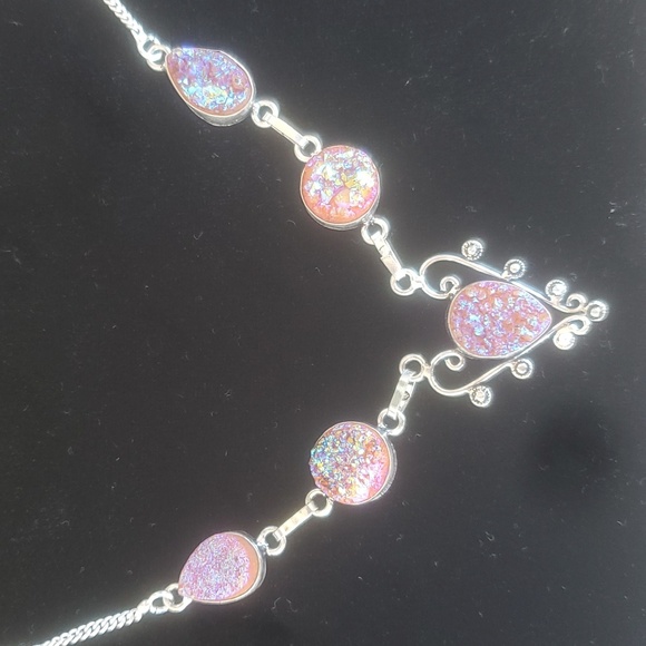 New Rough Peach Titanium Druzy Heart Shaped 925 Silver Necklace. - Picture 1 of 10